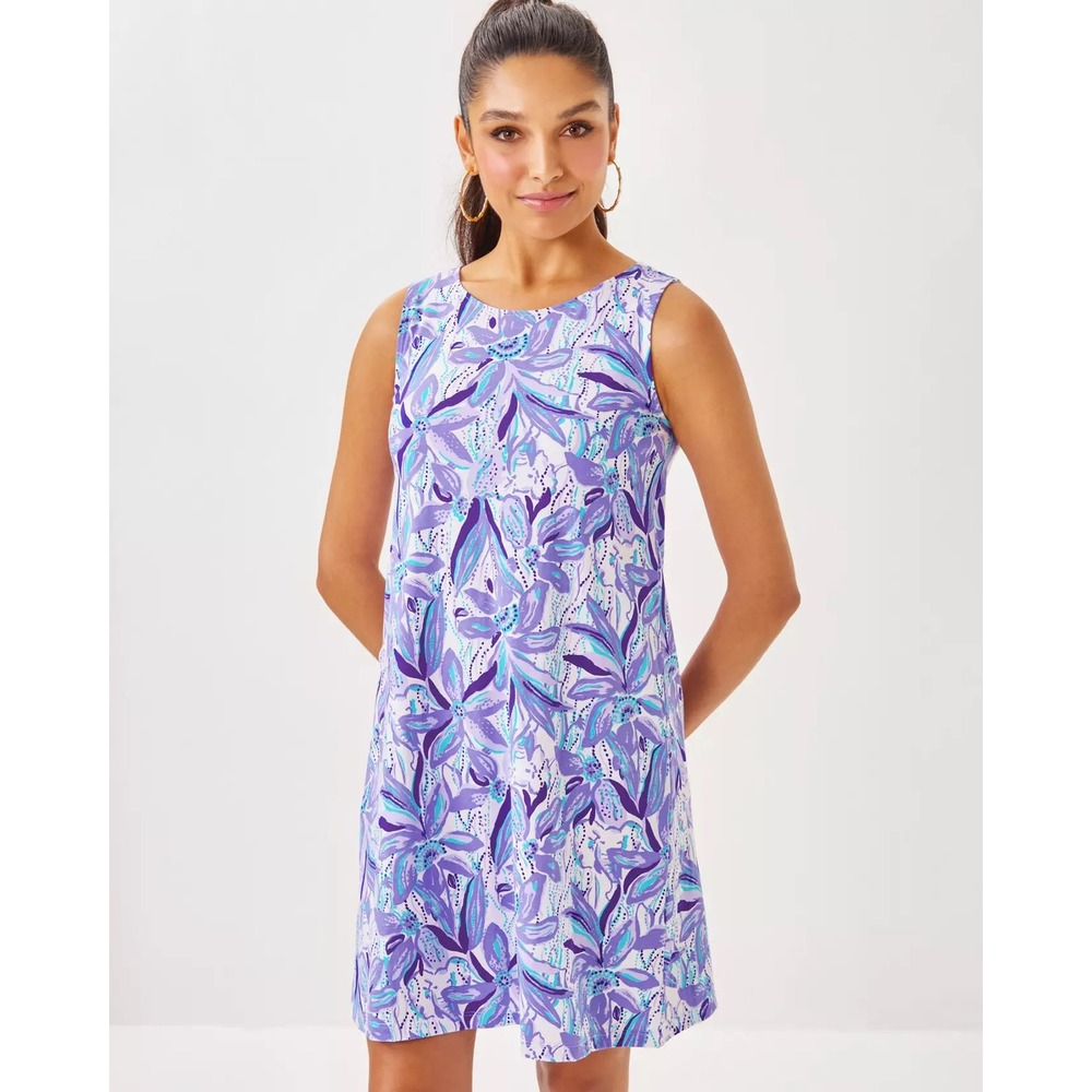 Lilly Pulitzer Eliza Cotton Swing Dress Purple Floral Sleeveless Twist Back L